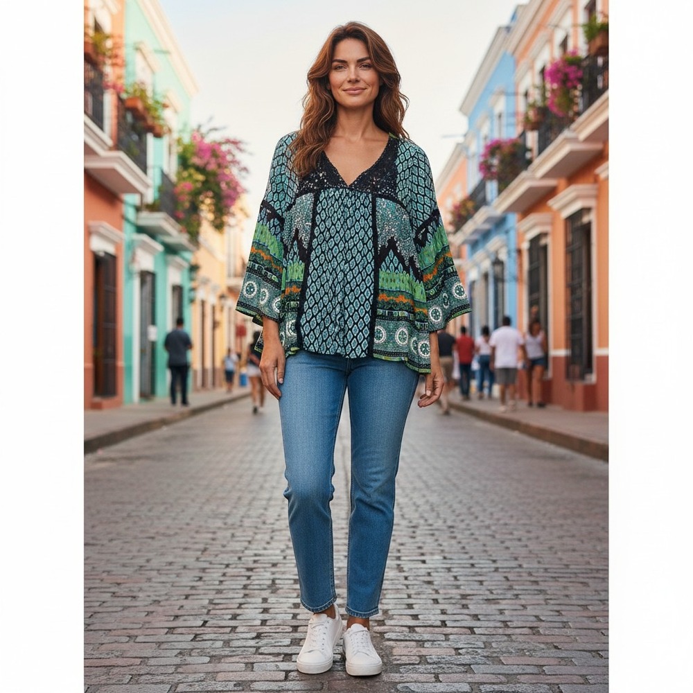 Bila Womens XXL Boho Peasant Blouse Green Blue Paisley Crochet Lace